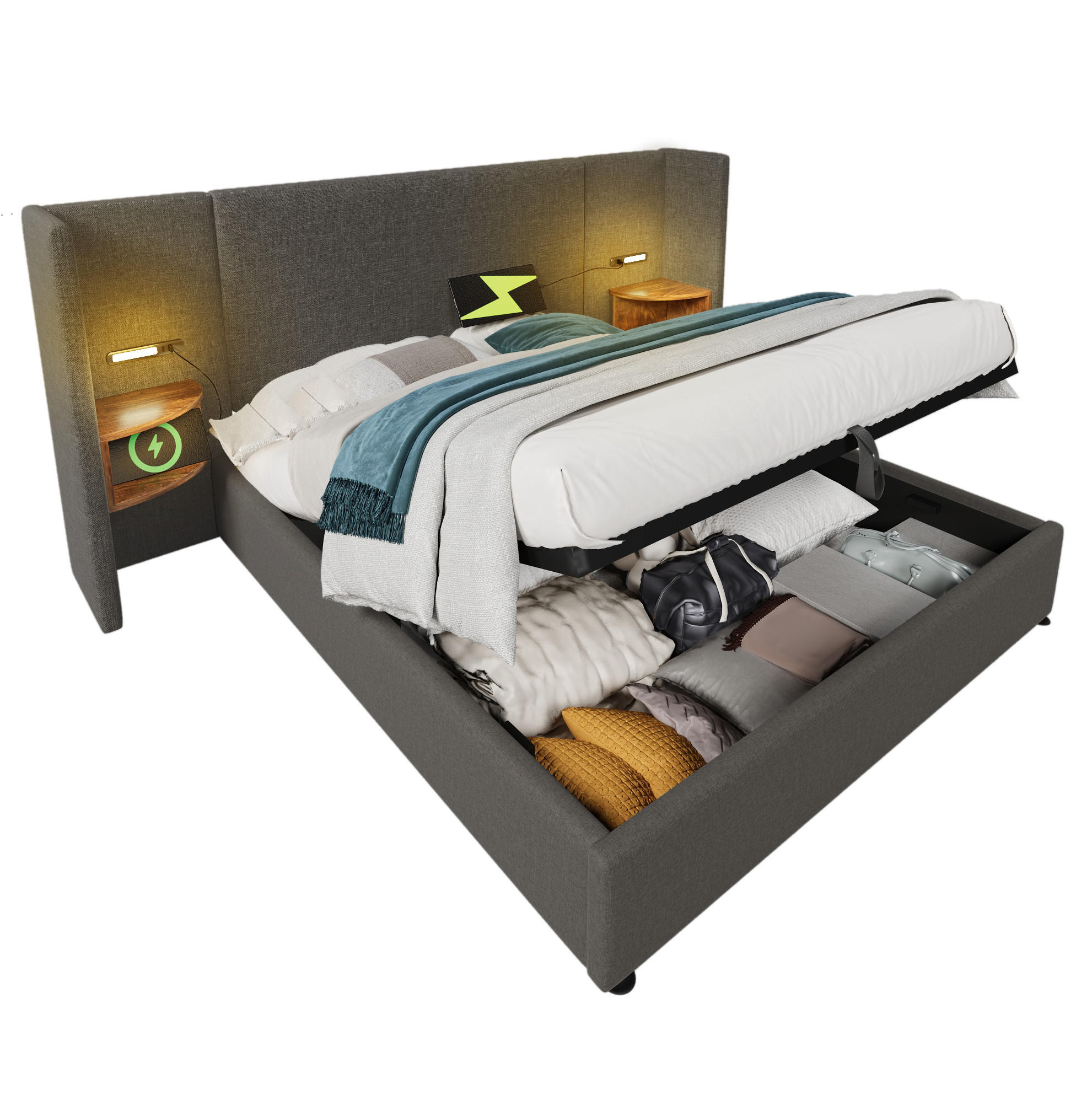 POLSTERBETT 160/200 cm mit Bettkasten, USB-C, Leselicht und Lattenrost in Grau - Grau, Textil (160/200cm) - BEAOK