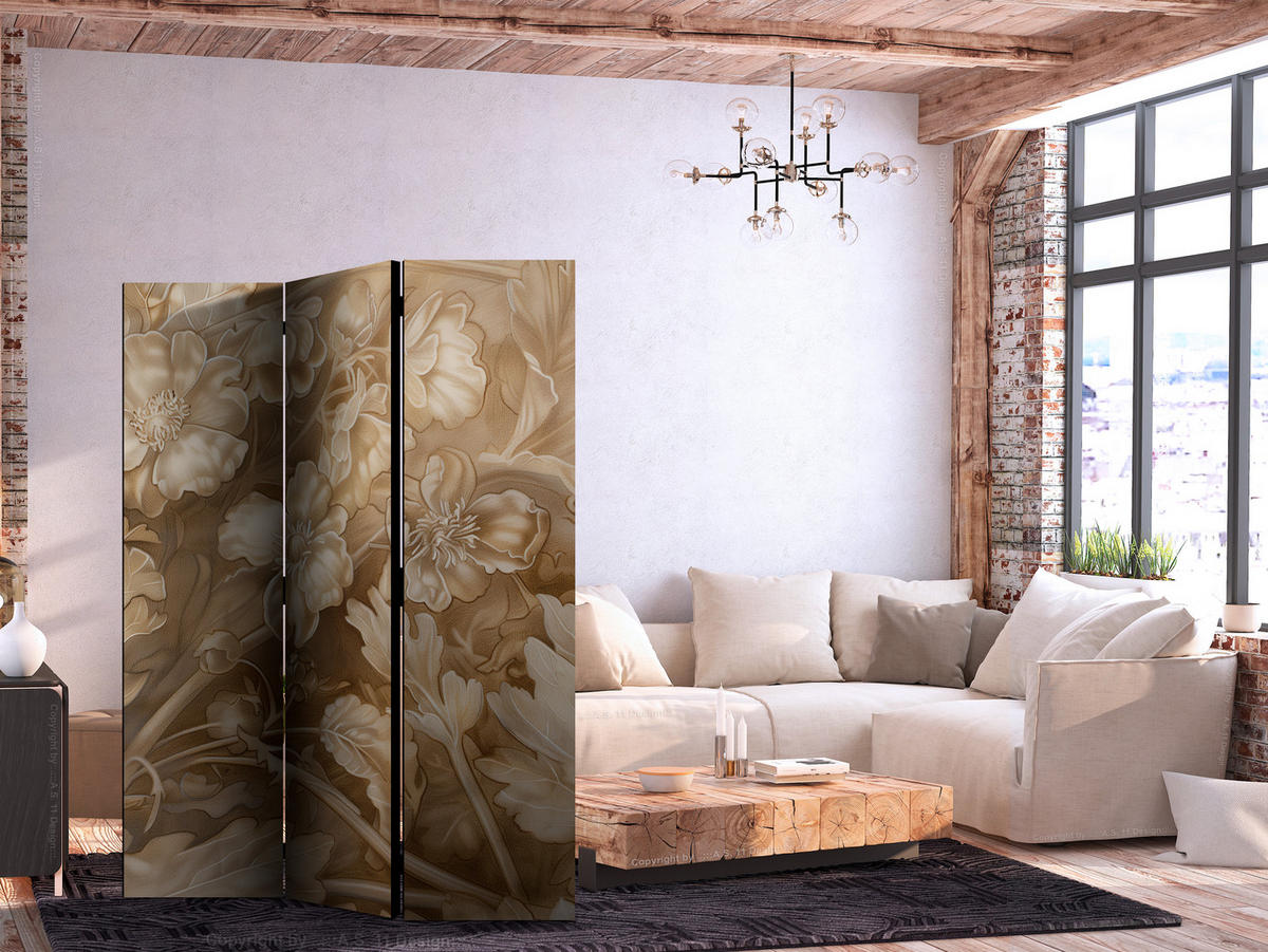 PARAVÁN Obojstranný Potlačený 3-dielny 135x172 cm Béžové Kvety Vintage - béžová, drevo/textil (135/172/3cm) - Muralo