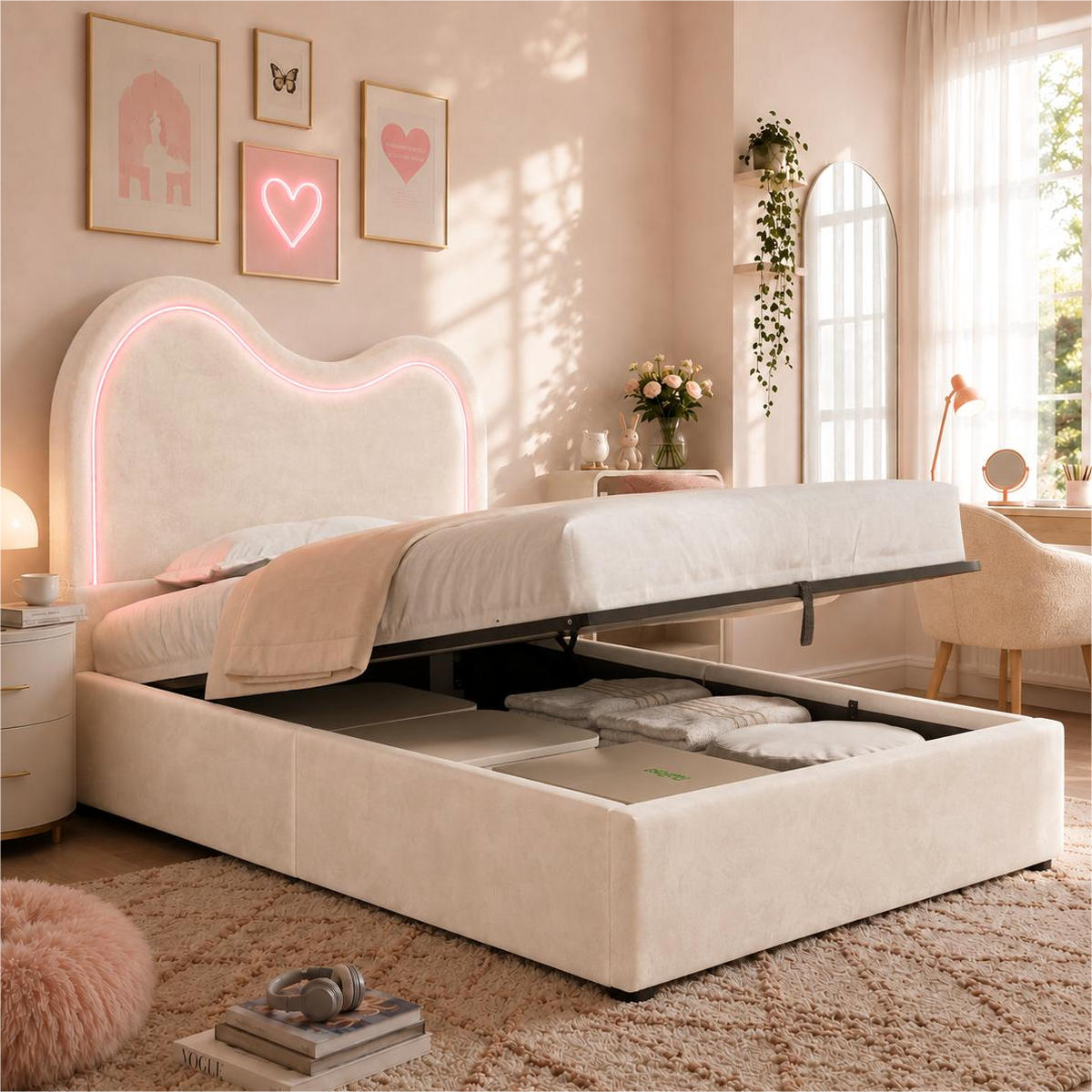 POLSTERBETT 90/200 mit Bettkasten, LED und Lattenrost in Beige - Beige, Holzwerkstoff/Textil (90/200cm) - EVRYAE