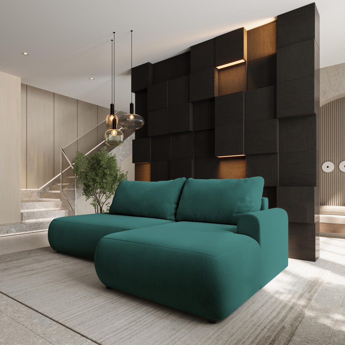 ECKSOFA NUVIRA CL R-S Blau Samtstoff mit Schlaffunktion - Blau, Holzwerkstoff/Textil (279/158cm) - MASSENO