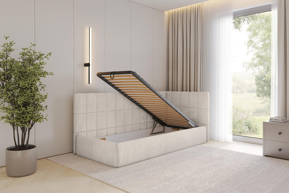 EINZELLBETT Jugendbett mit Bettkasten und Matratze H3/H4, Links - TULY 90x200 Beige - Ecru, Holzwerkstoff/Textil (90/200cm) - ALTDECOR