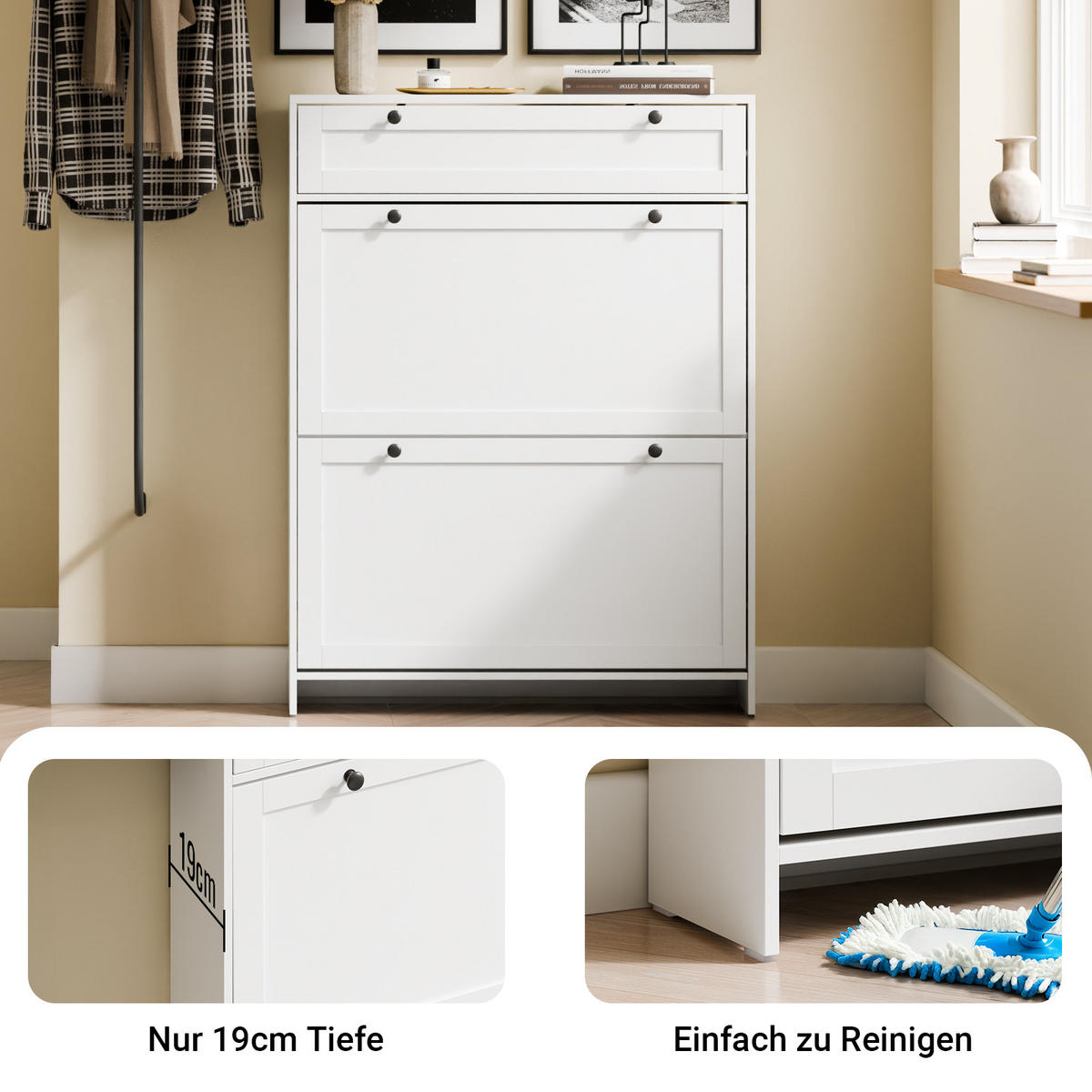 SCHUHKIPPER Schmal mit Schublade, Weiß 80x107x19 cm - Weiß, Holzwerkstoff (80/107/19cm) - SoBuy