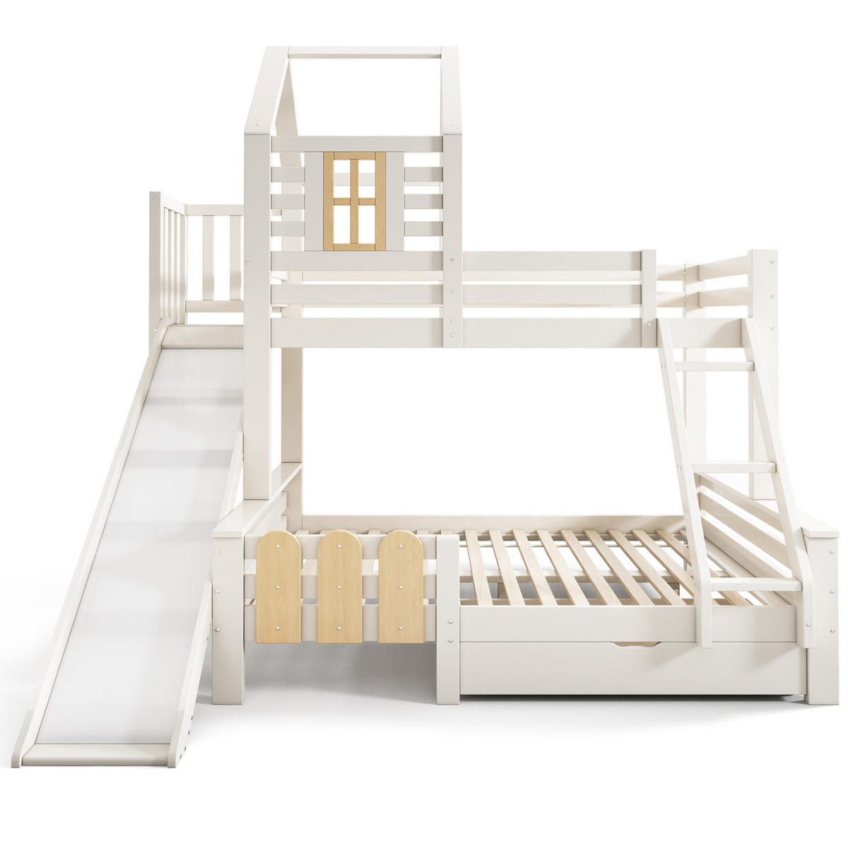 ETAGENBETT 90/140/200 cm mit Rutsche, Leiter und Schublade, Blockhaus-Optik und Metall, Weiß/Natur - Weiß, Metall (90/200cm) - Redom