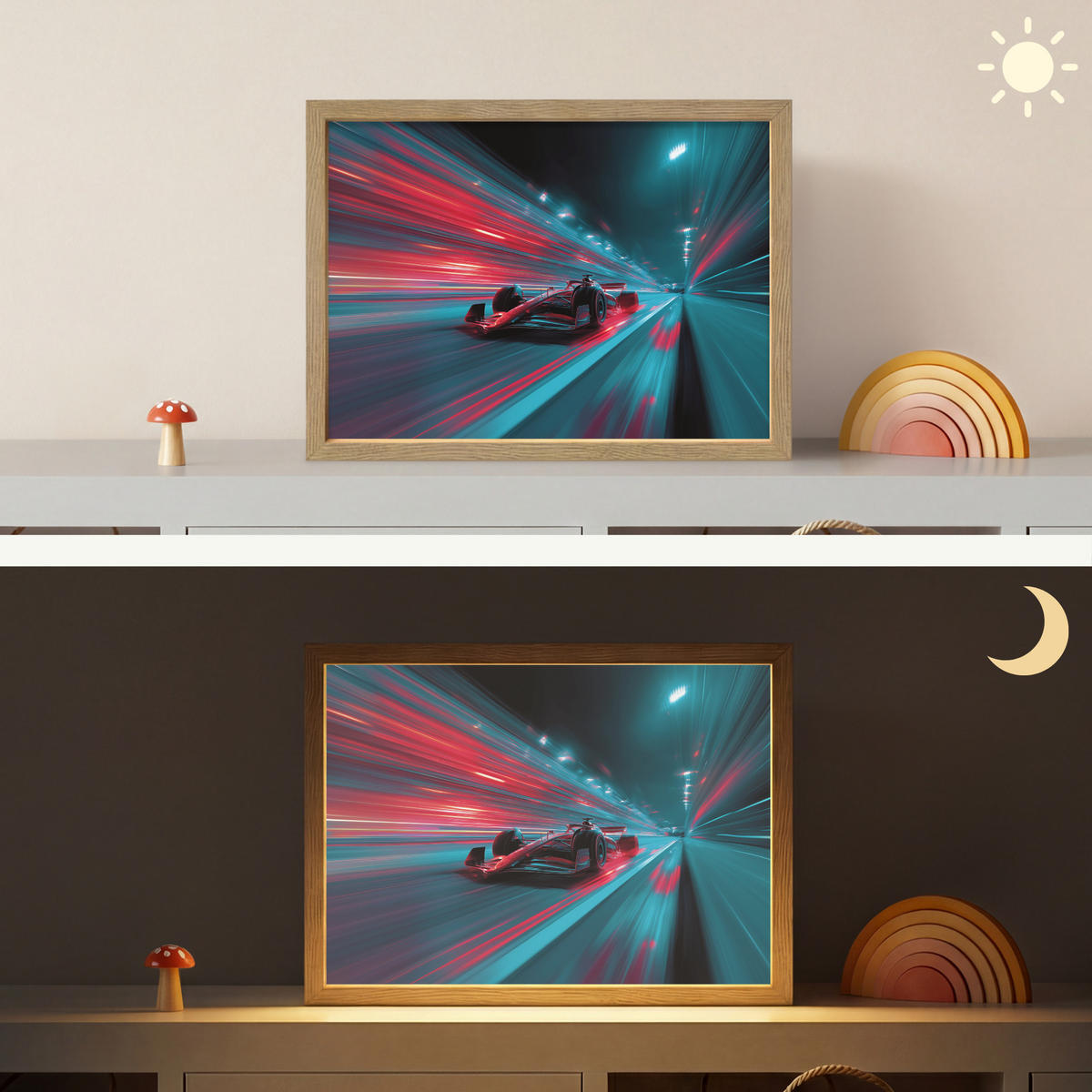 NÁSTĚNNÁ LAMPA S AKUMULÁTOREM Závodní auto - Červená - Rychlost 40x30 cm - tyrkysová, kompozitní dřevo (40/30/8cm) - OnlyWow