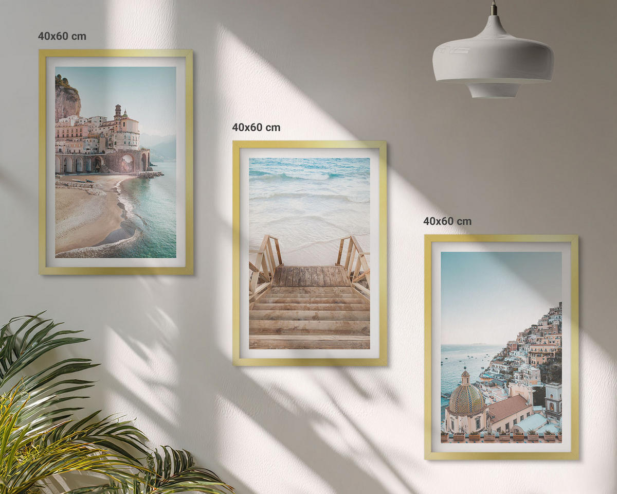 BILDER SET 3er Set - 40x60 cm Goldrahmen - Sommerliche Strandansichten in Pastellfarben - Goldfarben, Kunststoff (40/60cm) - TULUP