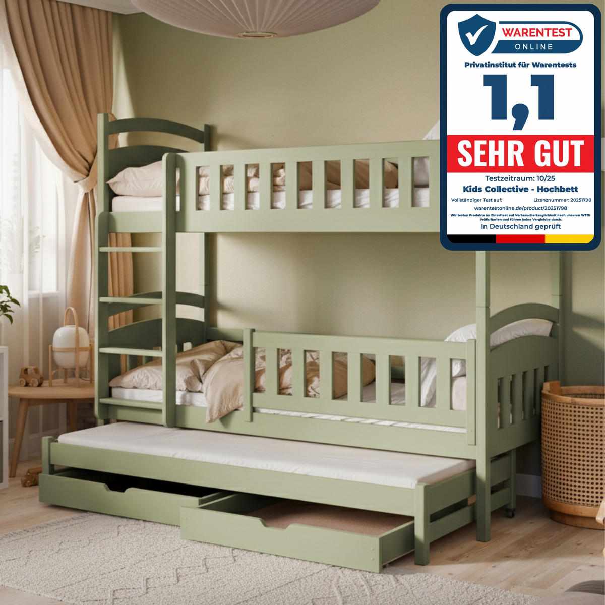 ETAGENBETT 90x200 cm mit Ausziehbett & zwei Schubladen in Olivgrün - Olivgrün, Holzwerkstoff (90/200cm) - Kids Collective