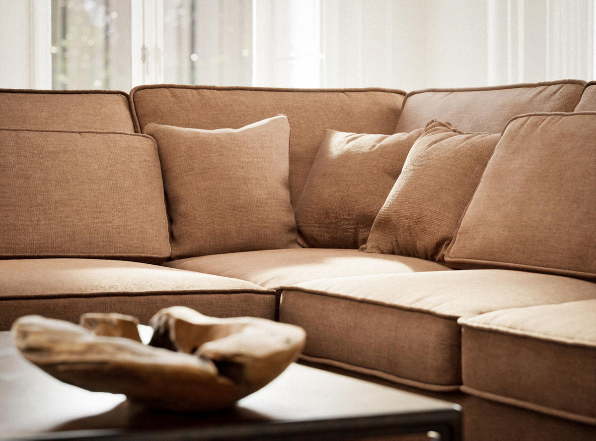 ECKSOFA Kirou Hellbraun Chenille-Stoff - Links Seite - Hellbraun/Schwarz, Holz/Holzwerkstoff (225/311cm) - Maison de Reve