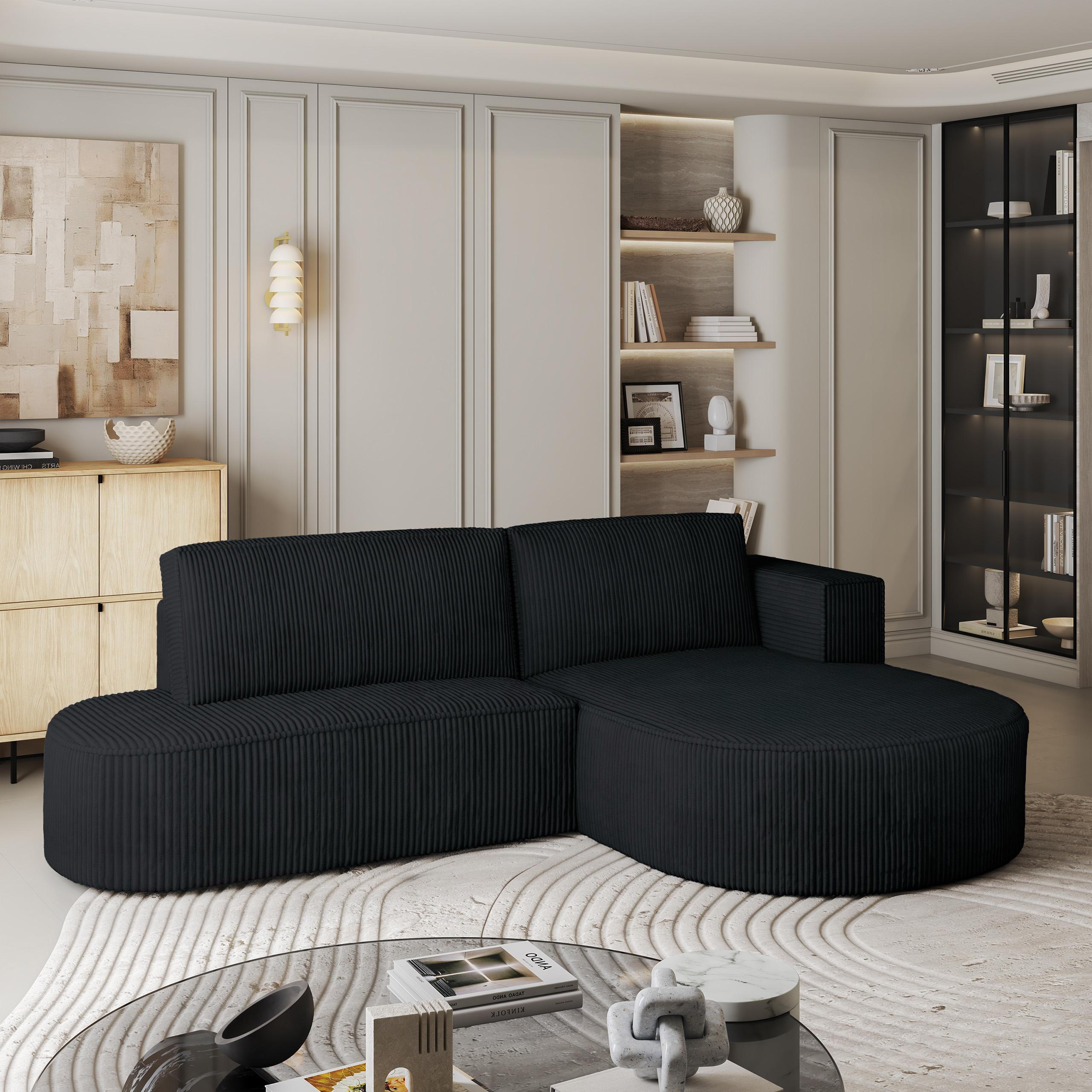 ECKSOFA CORTIO P R-S Schwarz Kordstoff mit Schlaffunktion - Schwarz, Holz (265/174cm) - MASSENO