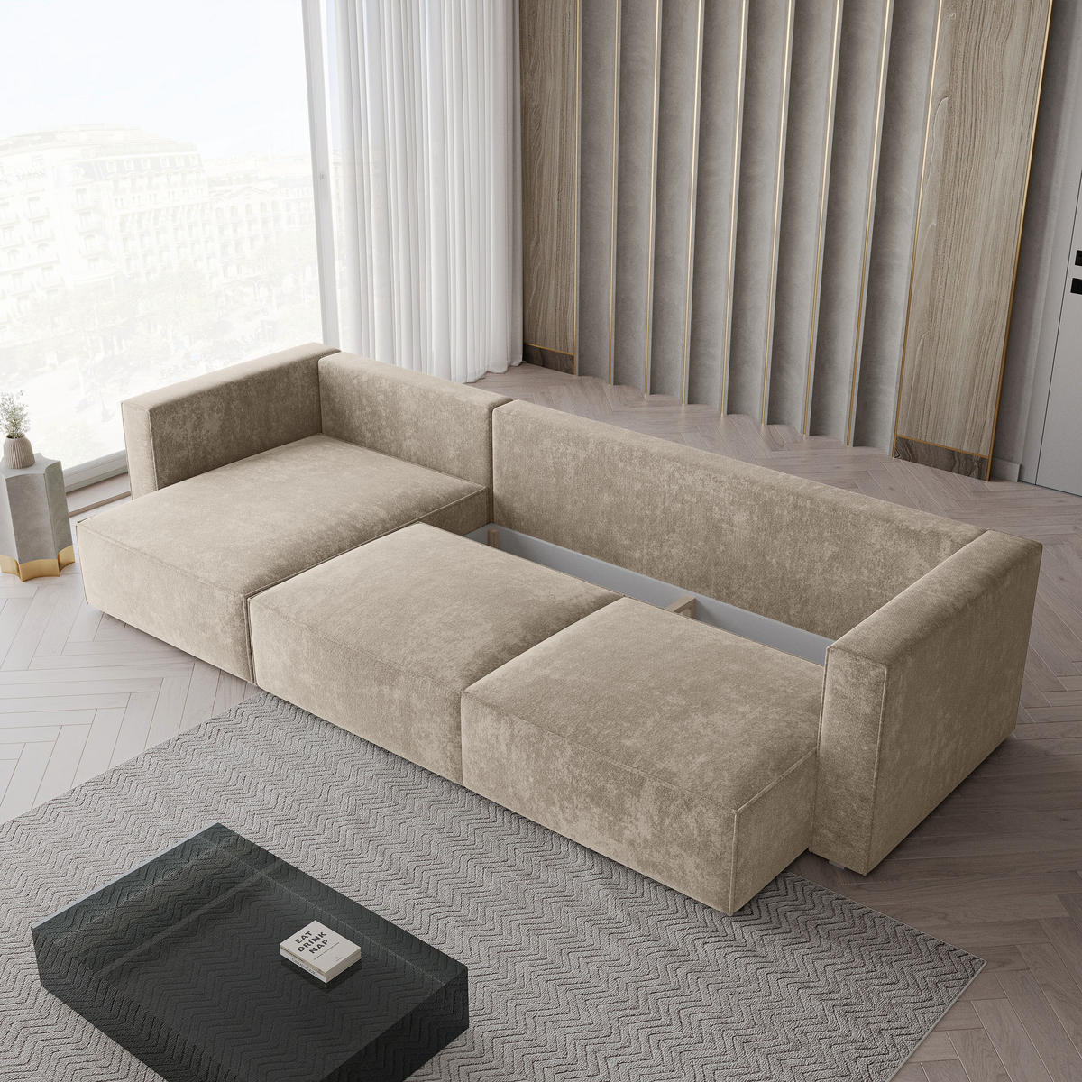 ECKSOFA TOLMO LM Creme Chenille mit Schlaffunktion - Creme, Holzwerkstoff/Textil (347/148cm) - MASSENO