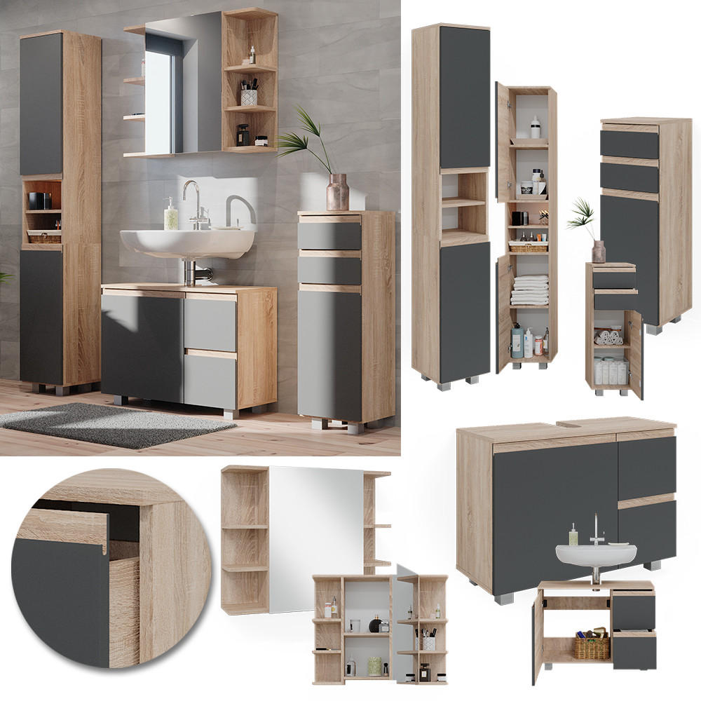 BADMÖBEL-SET J-Shape Sonoma 4 Teile - Anthrazit/Sonoma Eiche, Holzwerkstoff (80/60/33cm) - Vicco