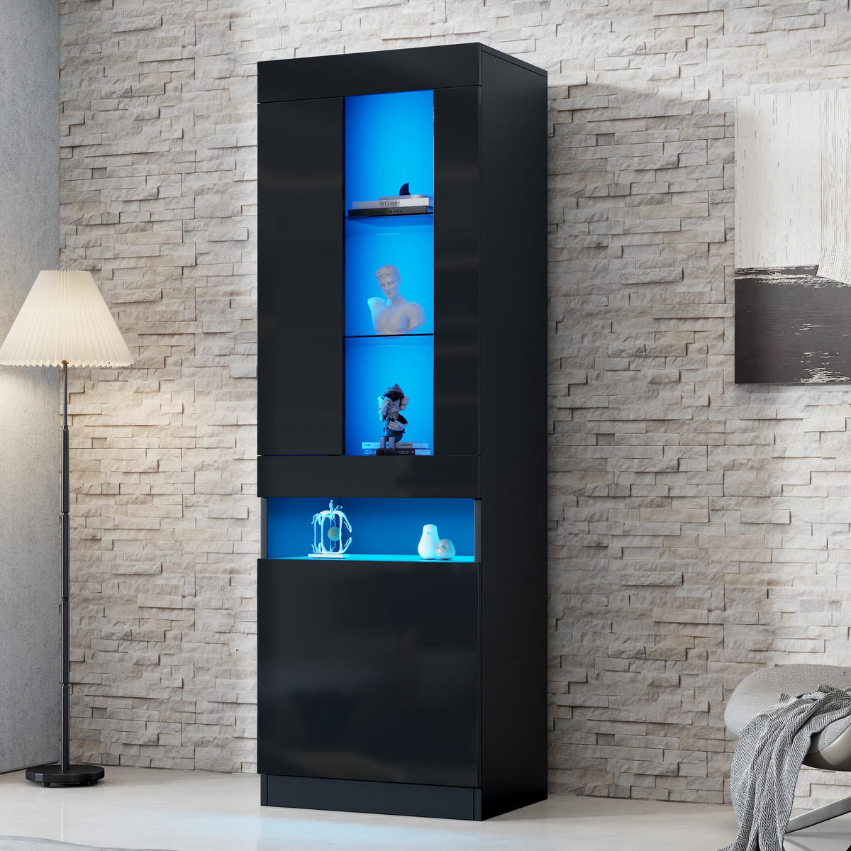 VITRINE LED Schwarz Stauraum Buffetschrank Wohnzimmerschrank modern - Schwarz, Holzwerkstoff (40/180/50cm) - FLIEKS