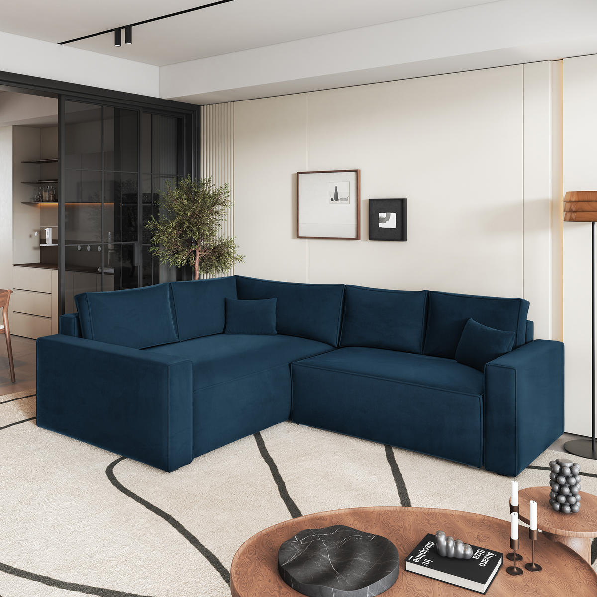 ROHOVÁ SEDAČKA ERONIS modrá - šedá/modrá, dřevo/textil (265/194cm) - MASSENO