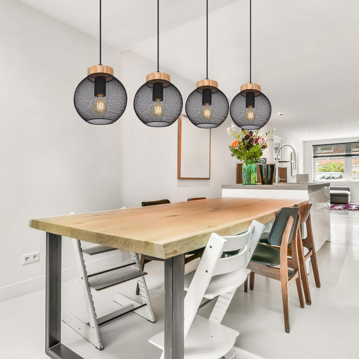 HÄNGELEUCHTE Metall Schwarz Drahtgeflecht - Schwarz, Holz (95/20/120cm) - Globo Lighting