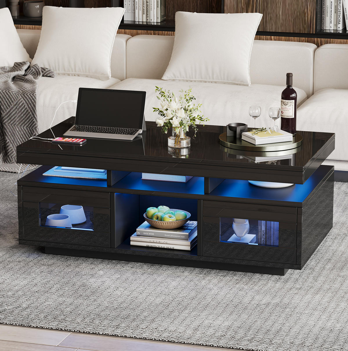 COUCHTISCH 100/50/43 cm Schwarz aus Spanplatte mit LED und Steckdose - Schwarz, Holzwerkstoff (100/50/43cm) - OKMYHOME