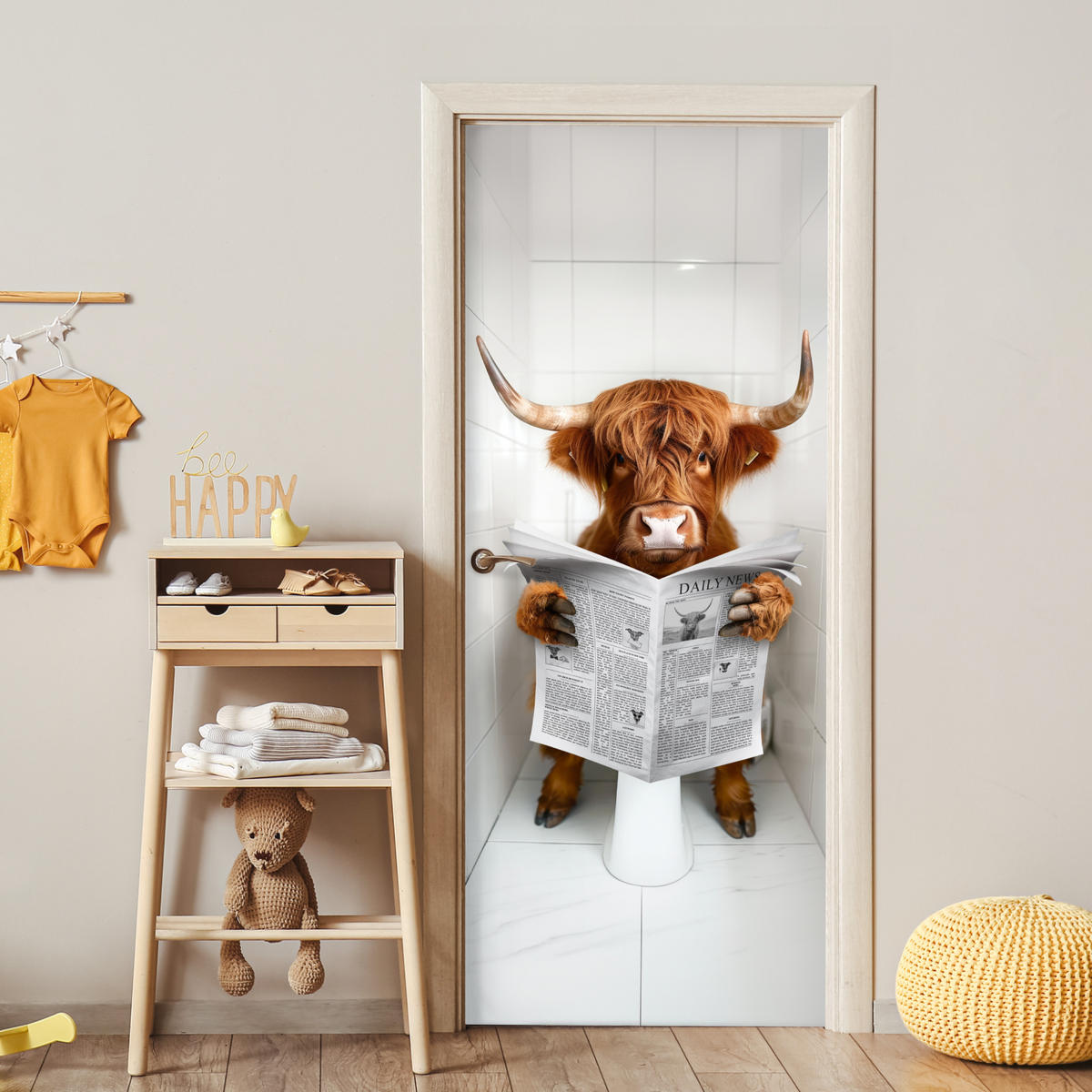 FOTOTAPETE Tür - Schottisches Hochlandrind - Zeitung - WC - Tier 80x205 cm - Weiß, Kunststoff (80/0.1cm) - MuchoWow