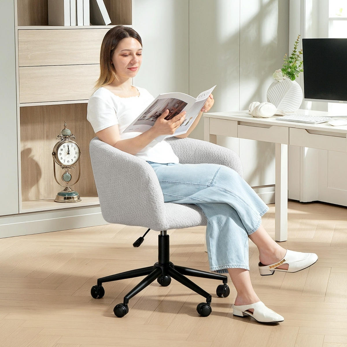 DREHSTUHL 65/59/75-85 cm cremeweiß aus Polyester höhenverstellbar - Creme, Kunststoff (59/85/65cm) - OKWISH
