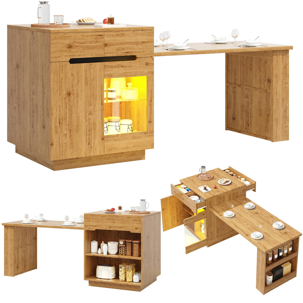 KÜCHENINSEL ausziehbar 122-195/70/93,5 cm mit LED DE-39586 Eichen-Optik - Naturfarben, Holzwerkstoff (122/93.5/70cm) - ComfortXL