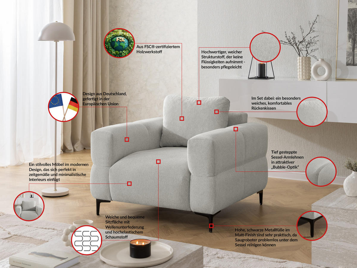 SESSEL Cardea in Bubble-Optik aus weichem Hellgrau Strukturstoff mit hohem Sitzkomfort - Hellgrau/Schwarz, Holz/Textil (102/80/97cm) - S-Style Möbel