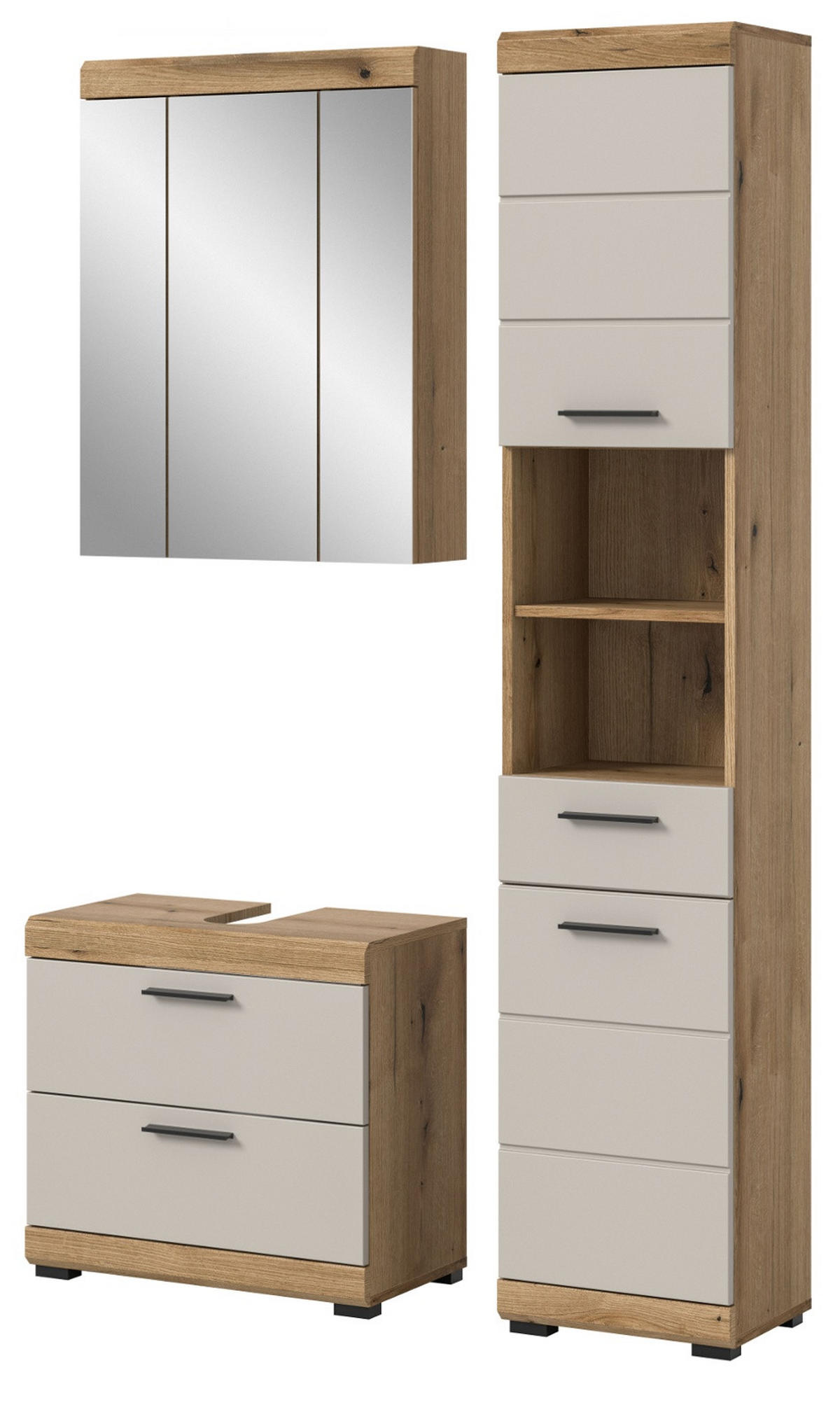 BADMÖBEL Set 3-teilig in Sand Kaschmir und Evoke Eiche Badkombination 112 x 191 cm Shawn - Kaschmir/Eichefarben, Glas/Holzwerkstoff (112/191/34cm) - Inn.Furn