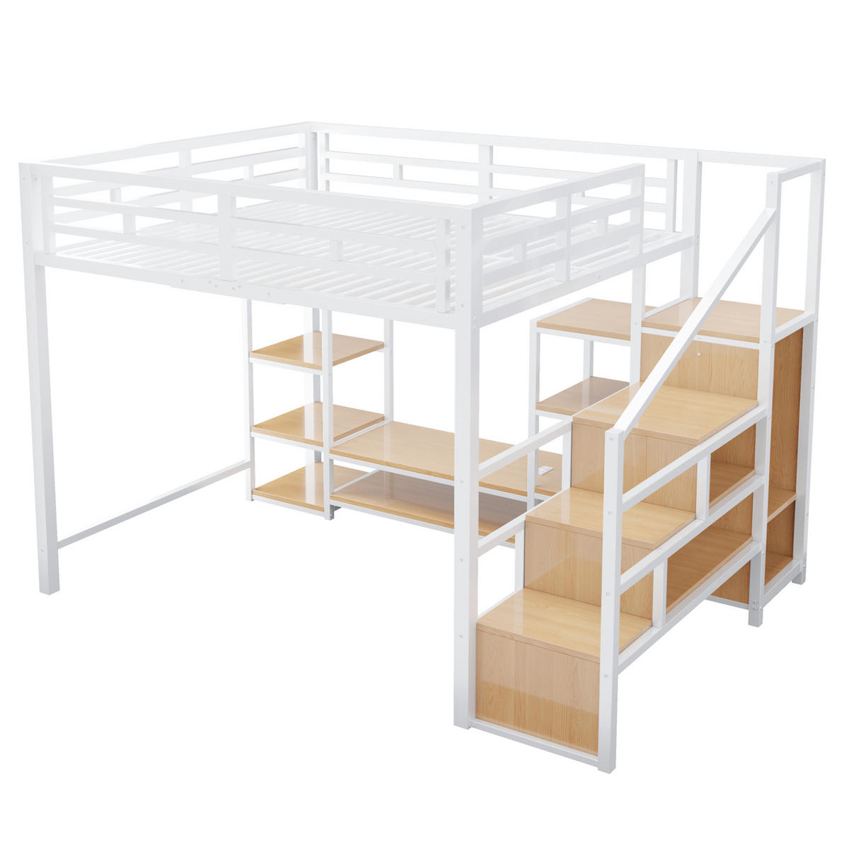 VYSOKÁ posteľ 140/200 cm biela s TV stojanom, zásuvkou a úložným rebríkom z kovu a MDF - biela, kompozitné drevo (140/200cm) - OKWISH