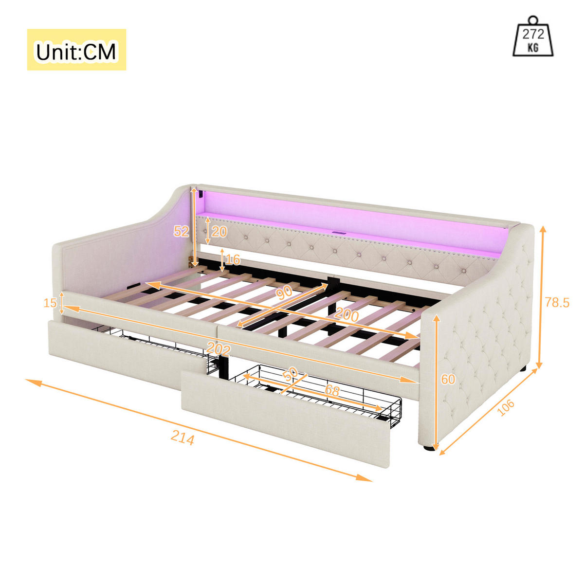 KREVET 90/200 cm sa LED ambijentalnim osvjetljenjem, USB priključkom i dvije ladice, Bež - bež, tekstil (90/200cm) - Redom