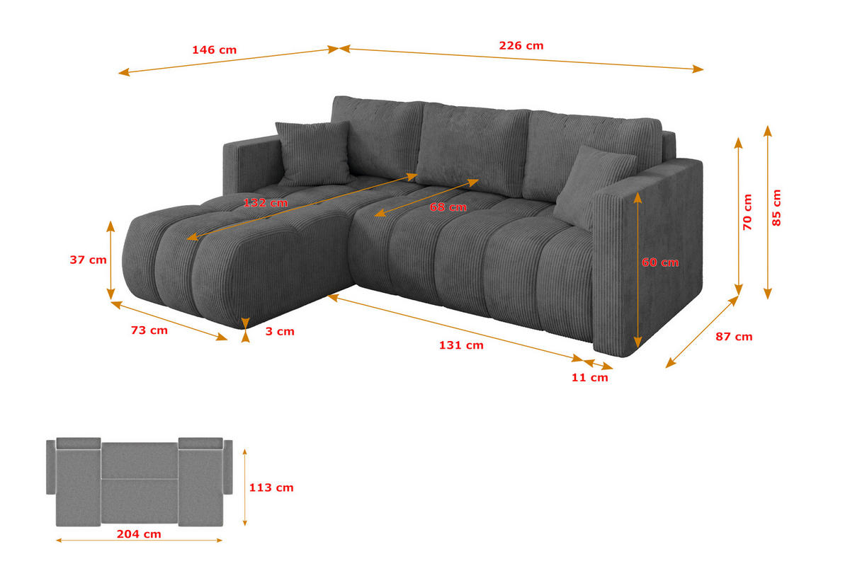 ROHOVÁ SEDAČKA s funkcí spaní, otoman vlevo GARD-L 226x146x85 tmavě šedá manšestr - černá/tmavě šedá, kompozitní dřevo/textil (226/146cm) - ALTDECOR