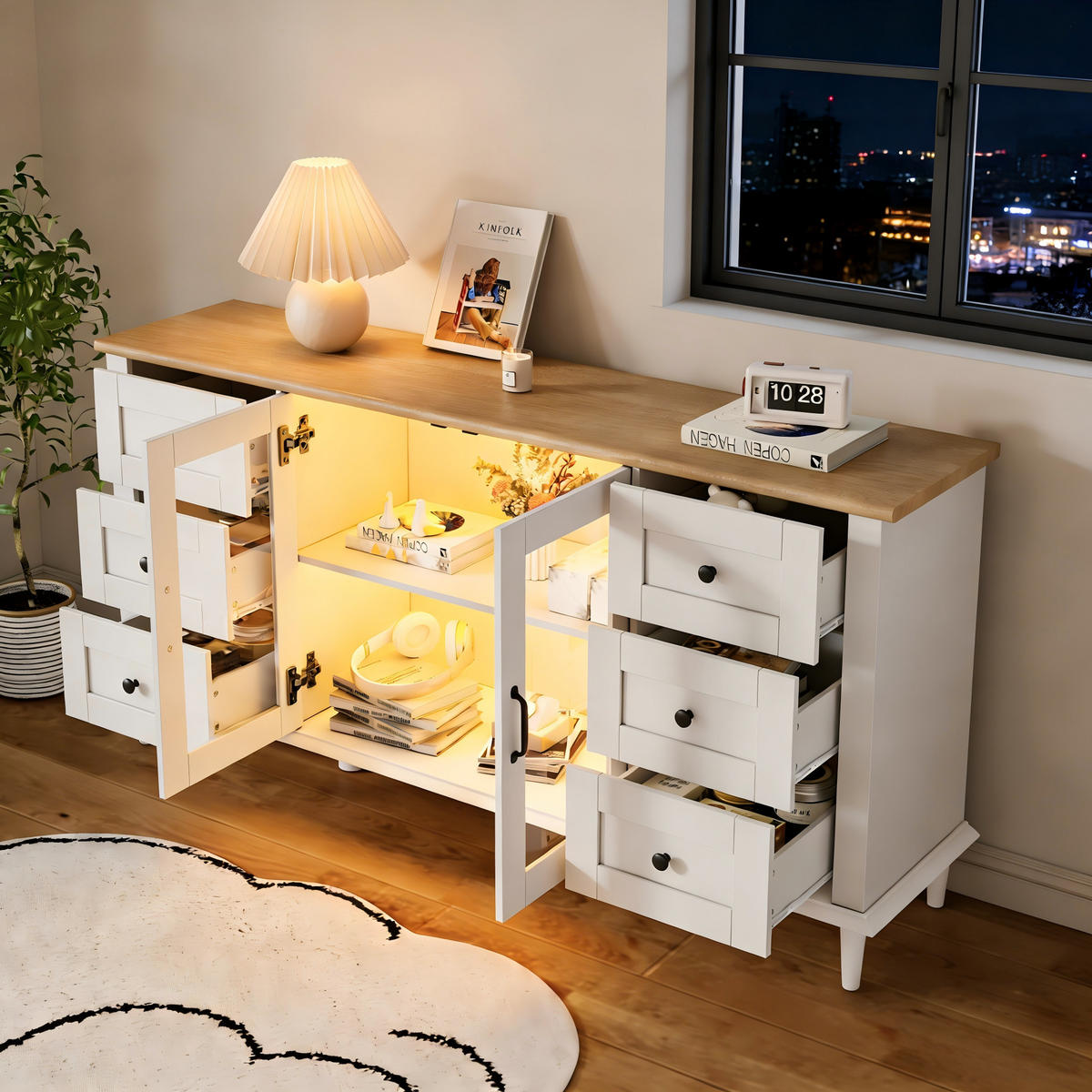 SIDEBOARD LED Weiß Holz 2 Türen 6 Schubladen 150x40x75cm Acryl - Weiß, Holzwerkstoff (40/75/150cm) - FLIEKS