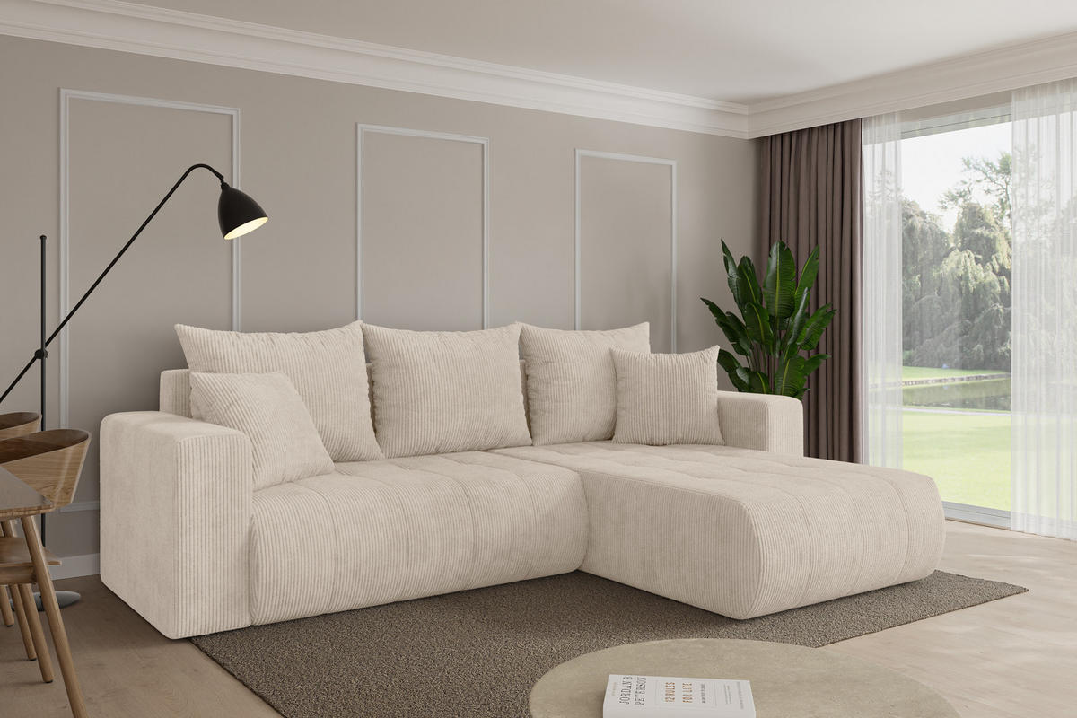 ROHOVÁ SEDAČKA s funkcí spaní, otoman vpravo MILA-L 277x194x86 béžová manšestr - černá/béžová, kompozitní dřevo/textil (277/194cm) - ALTDECOR