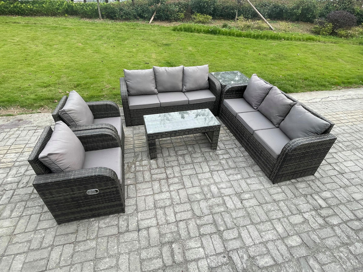 GARTENSOFA SET mit rechteckigem COUCHTISCH Polyrattan 8-Sitzer Dunkelgrau - Dunkelgrau/Grau, Glas/Kunststoff - Fimous