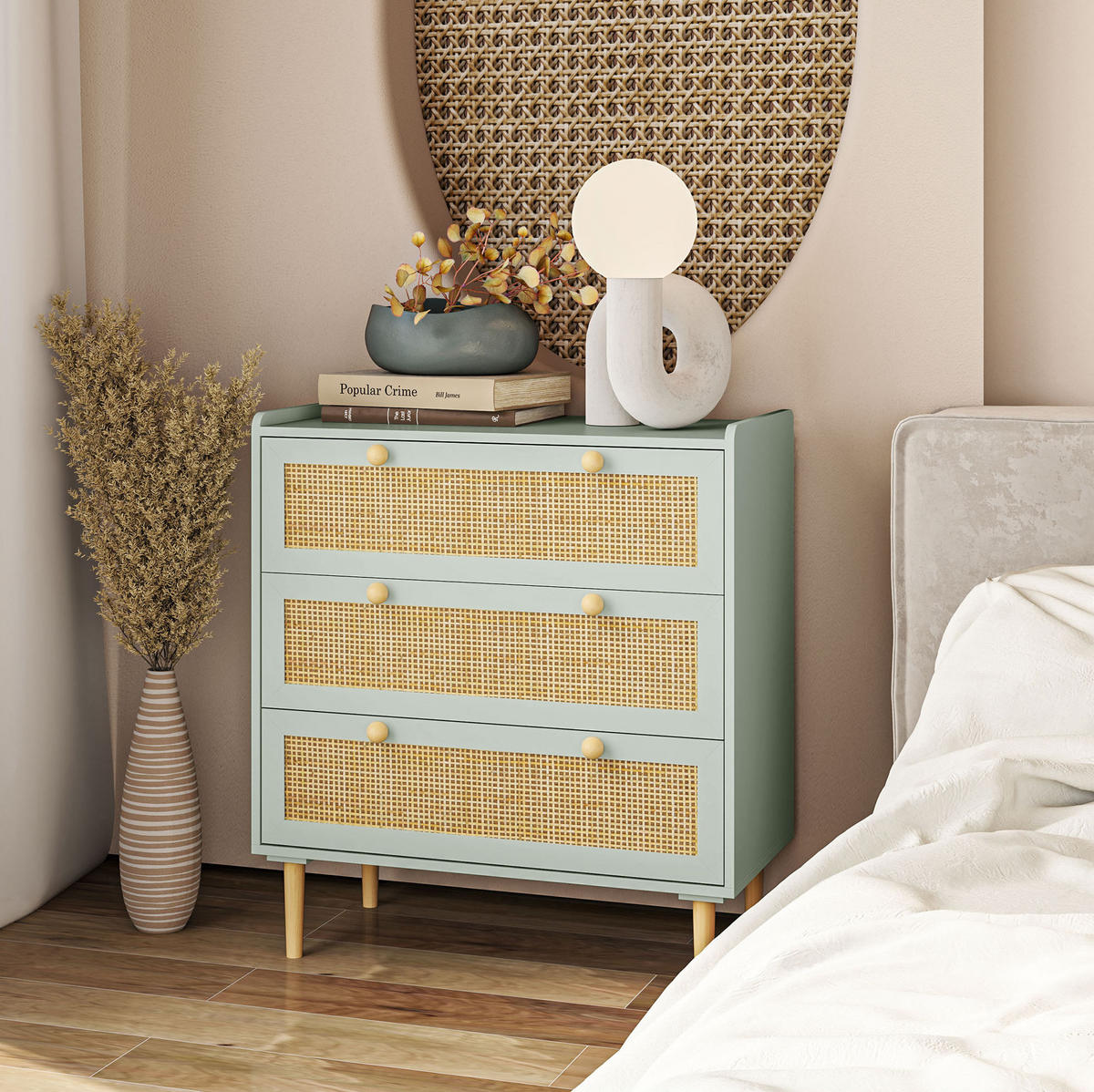 KOMMODE aus Holzwerkstoff 80x40x87,5 cm Hellblau mit 3 Schubladen und Rattanoptik - Hellblau, Holzwerkstoff (80/87.5/40cm) - Modfu