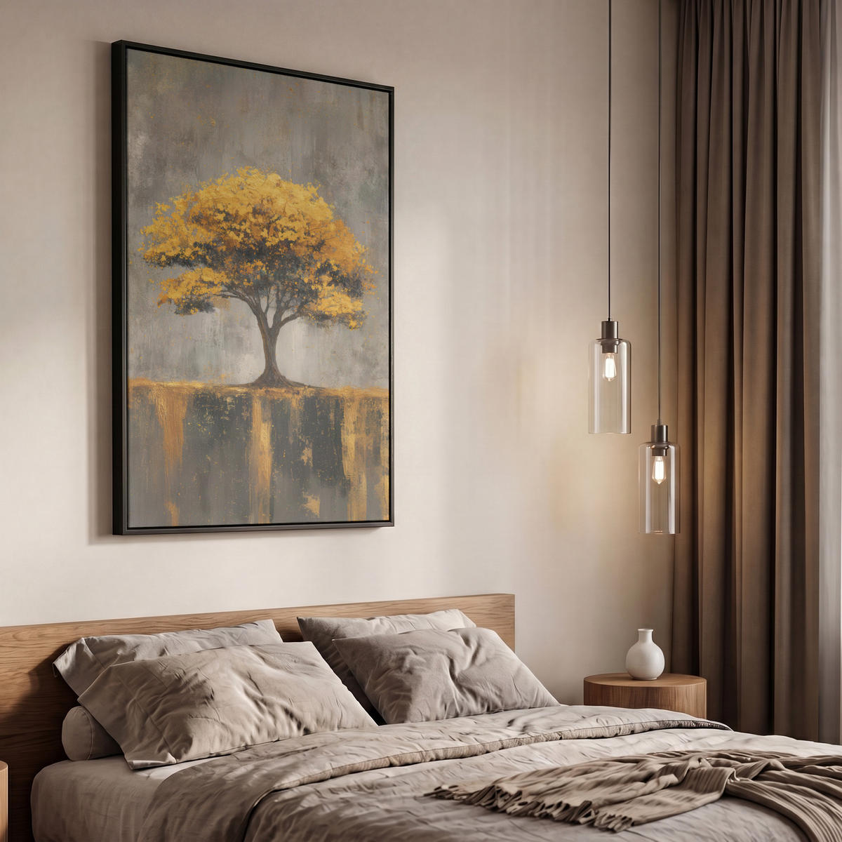 LEINWAND Bilder mit Rahmen - Baum - Blätter - Gold - Abstrakt - 60x90 - Grau, Textil (60/90cm) - MuchoWow
