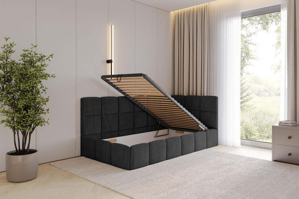 EINZELBETT Jugendbett mit Bettkasten Links, mit Matratze - LIVY 80x200 Schwarz - Schwarz, Holzwerkstoff/Textil (80/200cm) - ALTDECOR
