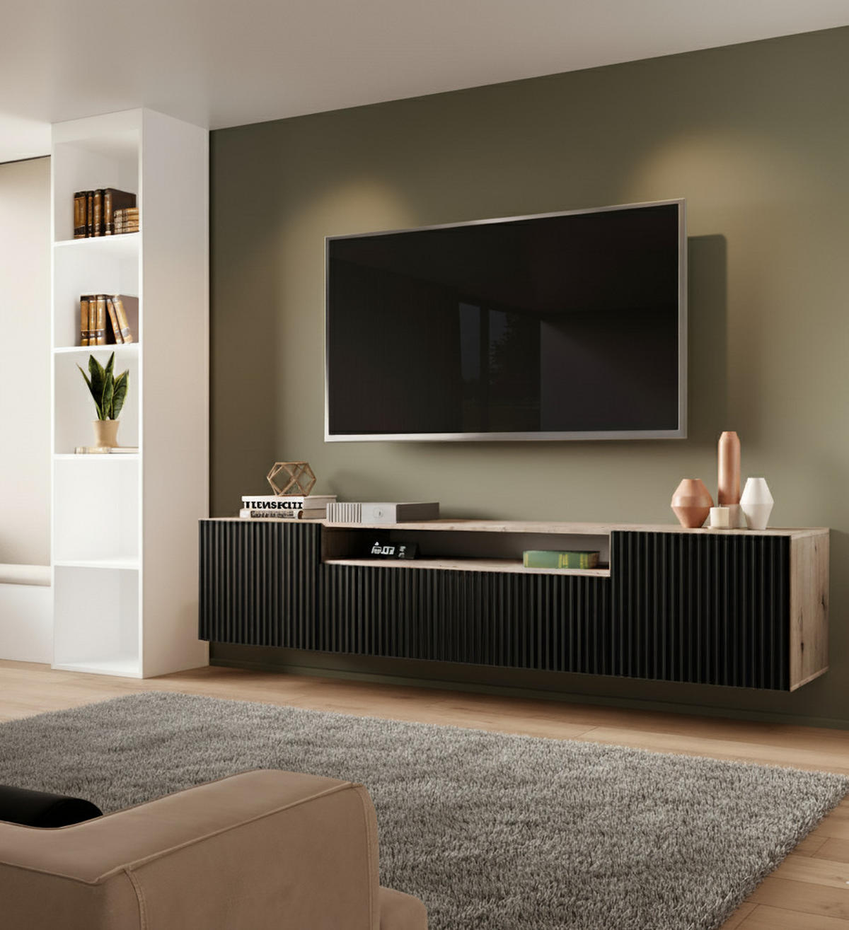 LOWBOARD Noa, Hängender TV-Schrank mit Push-to-Open System, eiche Artisan+schwarz - Schwarz/Eiche Artisan, Holzwerkstoff (200/41/40cm) - AN-Moebel 4u