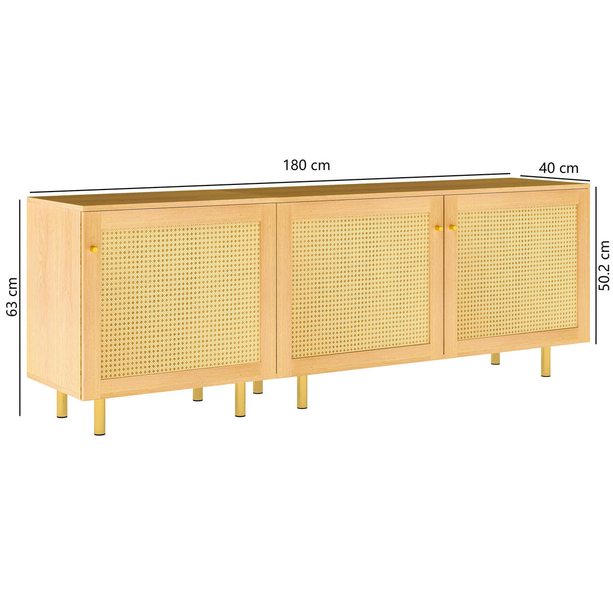 SIDEBOARD 180/40/63 cm mit 3 Türen in Naturholzoptik und goldfarbenen Griffen - Naturfarben, Holzwerkstoff (180/63/40cm) - BEAOK