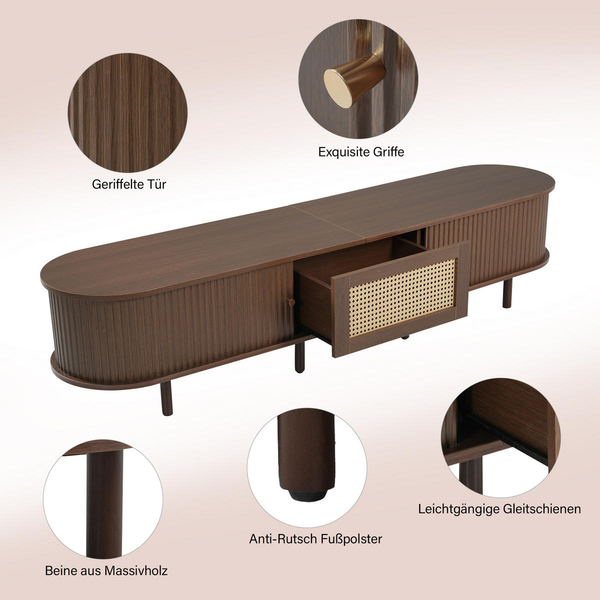 TV-SCHRANK 180/40/40 cm Nussbaum dunkel Rattan mit 1 Schublade und 2 Türen - Nussbaumfarben, Holz/Holzwerkstoff (180/40/40cm) - Oxeza