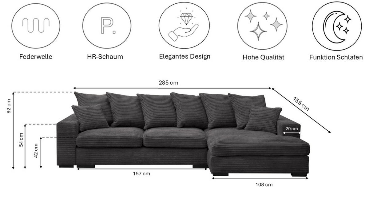 ECKSOFA Mit Schlaffunktion Und Bettkasten Couch L-form Gabon Stoff Zoom Graphit Rechts - Graphitfarben, Holz (285/155cm) - Kaiser Möbel