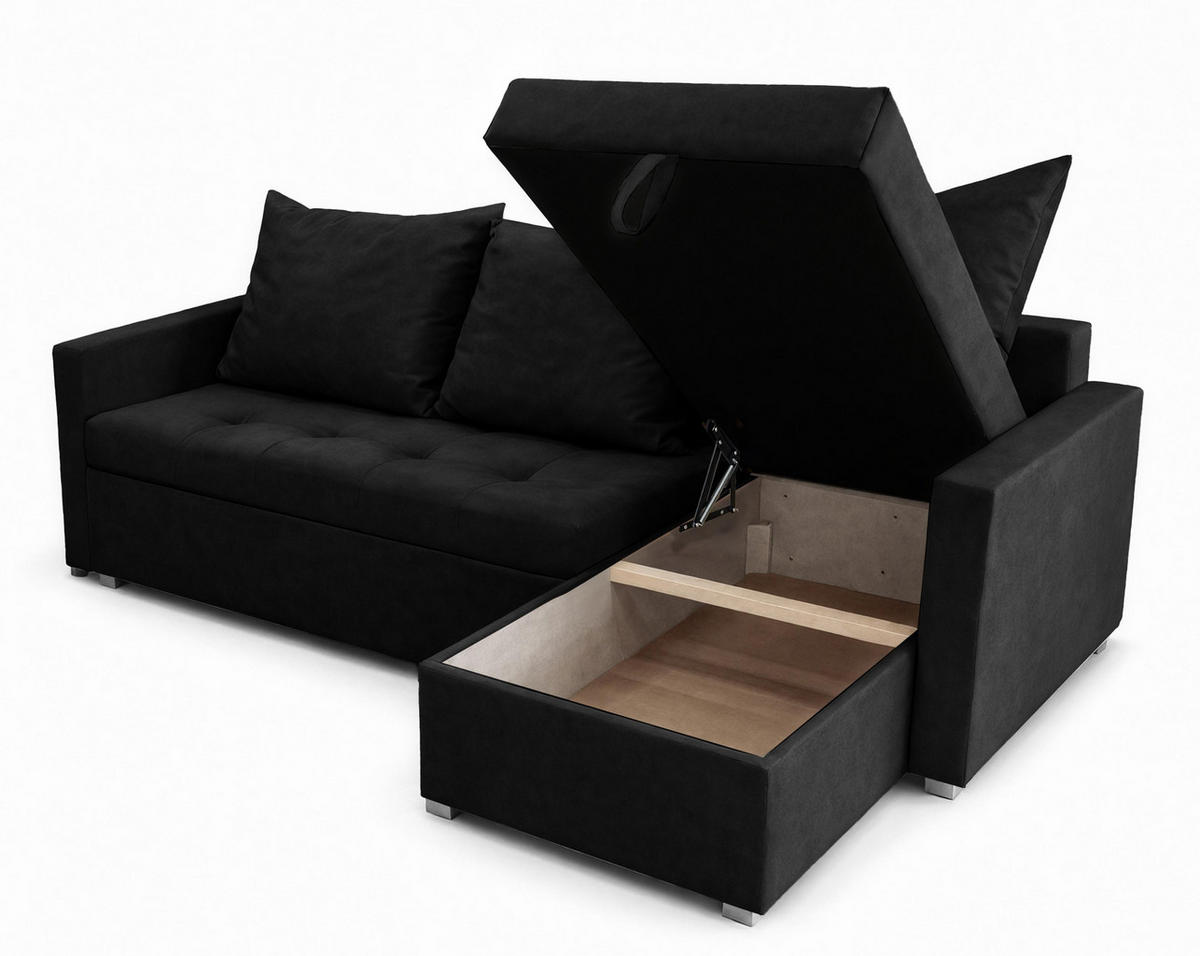 ECKSOFA Universelle L Form Elif Schwarz 220/140/85 cm stilvolle mit Schlaffunktion - Silberfarben/Schwarz, Kunststoff/Textil (220/140cm) - AX Living