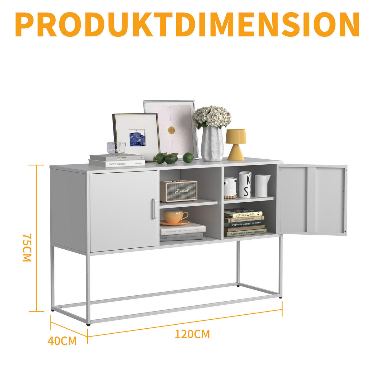 SIDEBOARD 120/40/75 cm weiß aus Metall mit 6 Fächern - Weiß, Metall (120/75/40cm) - OKWISH