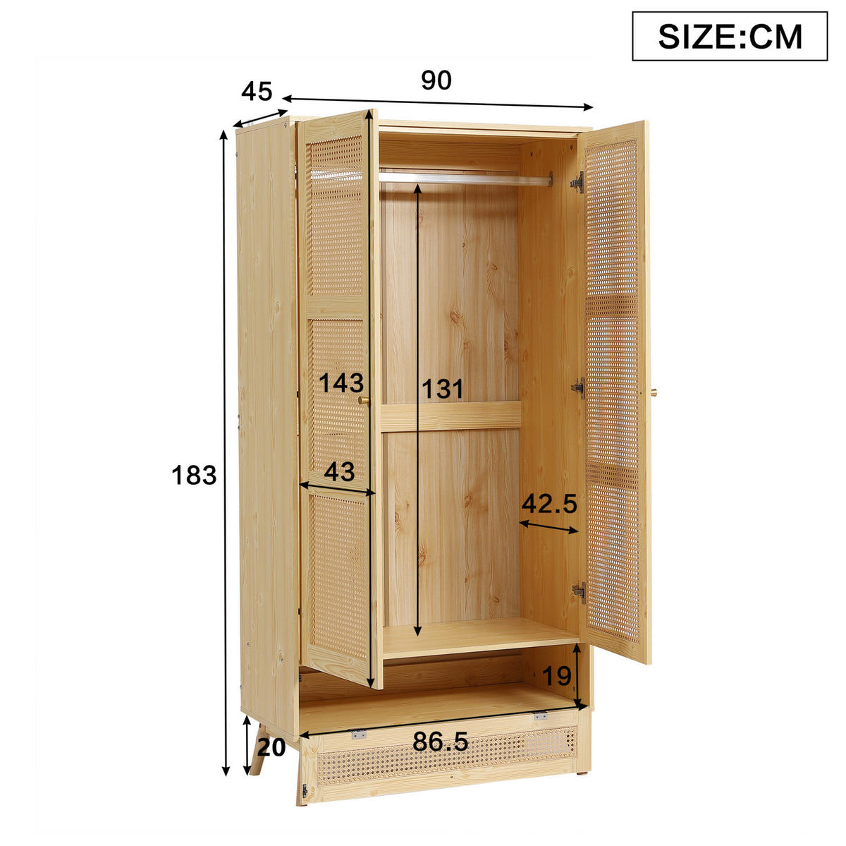 KLEIDERSCHRANK 90/45/183 cm natur aus Holzwerkstoff und PE-Rattan mit Kleiderstange und Klappfach - Naturfarben, Holz (90/183/45cm) - OKWISH
