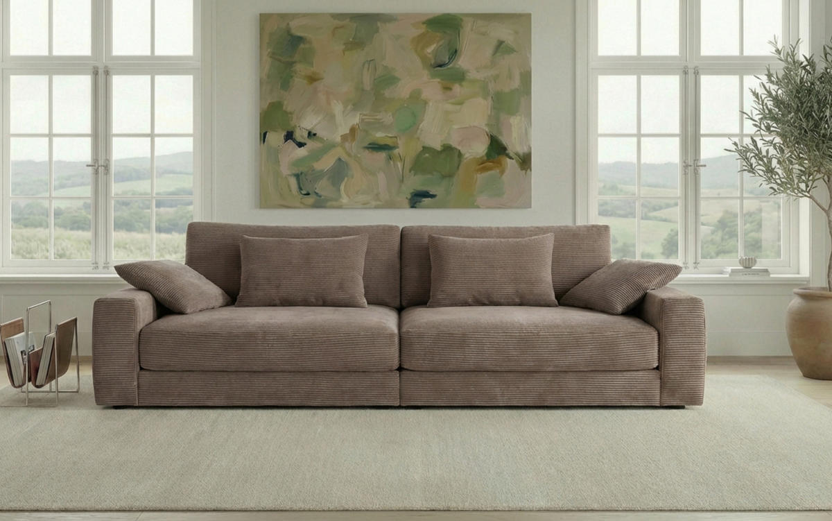 BIG-SOFA mit Federkern B290/T135/H90 cm extratief, Liegefläche 122x240 cm, Cord Braun Taupe / 15252 - Taupe/Schwarz, Kunststoff/Textil (290/90/135cm) - luma-home