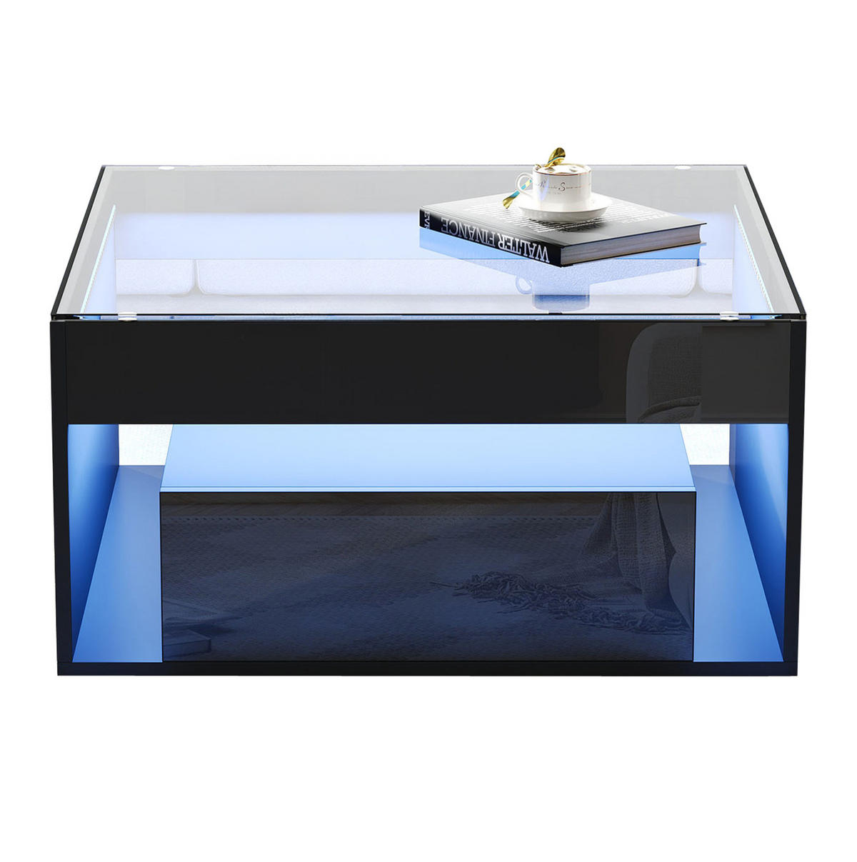 COUCHTISCH 70/70/35 cm mit 2 Schubladen, LED-Beleuchtung und Glasplatte, Schwarz - Schwarz, Holzwerkstoff (70/70/35cm) - Redom