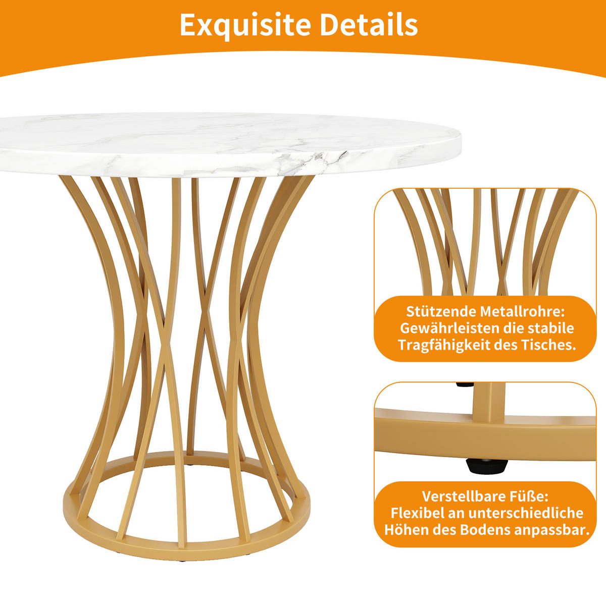 ESSTISCH, MDF-Marmoroptik mit Metallgestell, 80/80/76 cm, Goldfarben - Goldfarben, Holzwerkstoff (80/80/76cm) - Redom