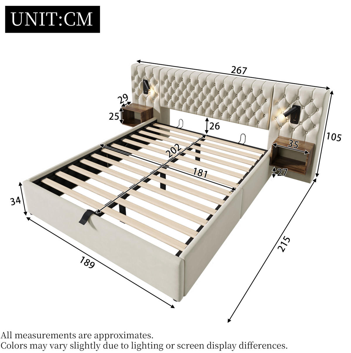 POLSTERBETT aus Samt 180x200 cm Beige mit Bettkasten, Nachttischen, Leselampen und USB-/Type-C-Anschlüssen - Beige, Textil (180/200cm) - Modfu