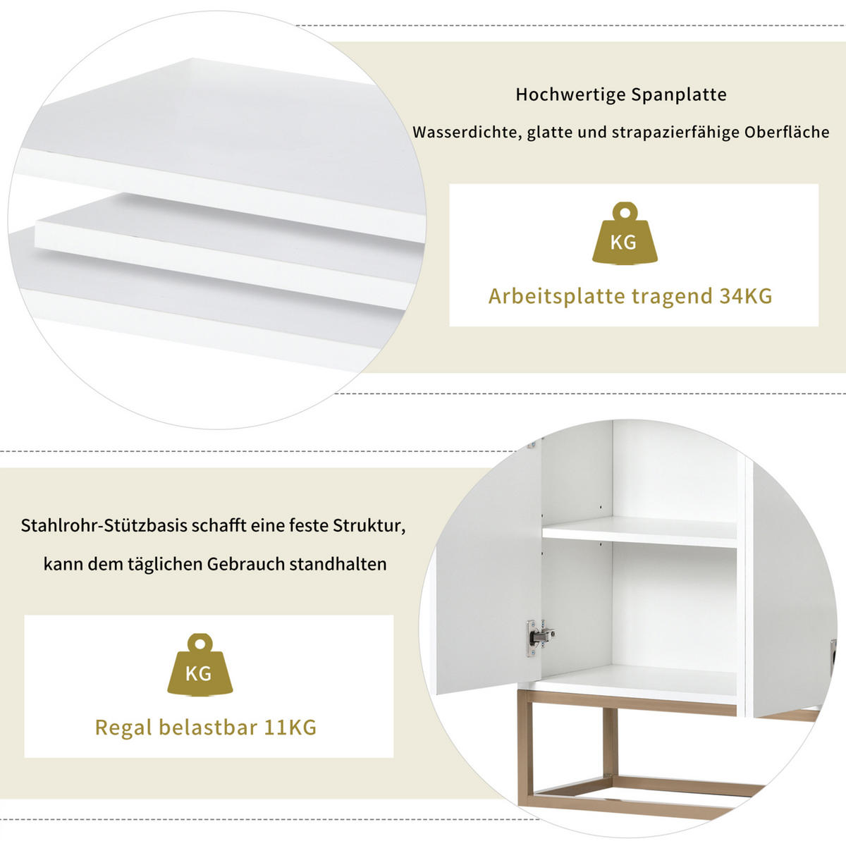 SIDEBOARD, 120/80/30 cm, mit 4 Türen, MDF, weiß - Weiß, Holz/Metall (120/80/30cm) - GENKI LIVING