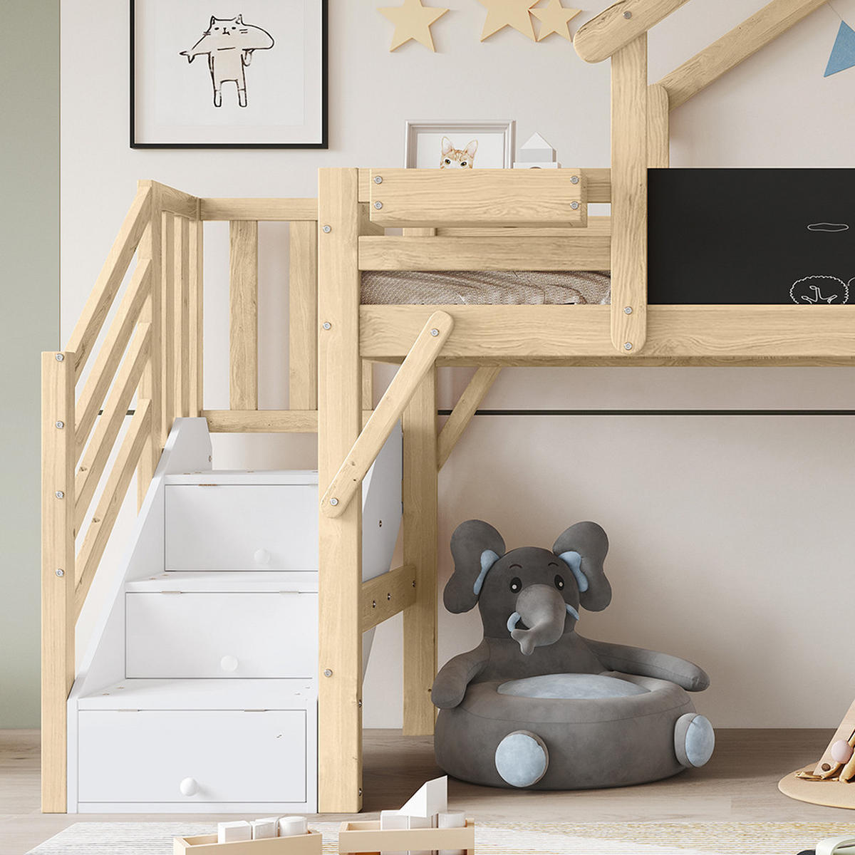 HAUSEBETT 90x200cm，Kiefer+MDF+Sperrholz, Weiß+Natur - Naturfarben, Holz (90/200cm) - KOMHTOM