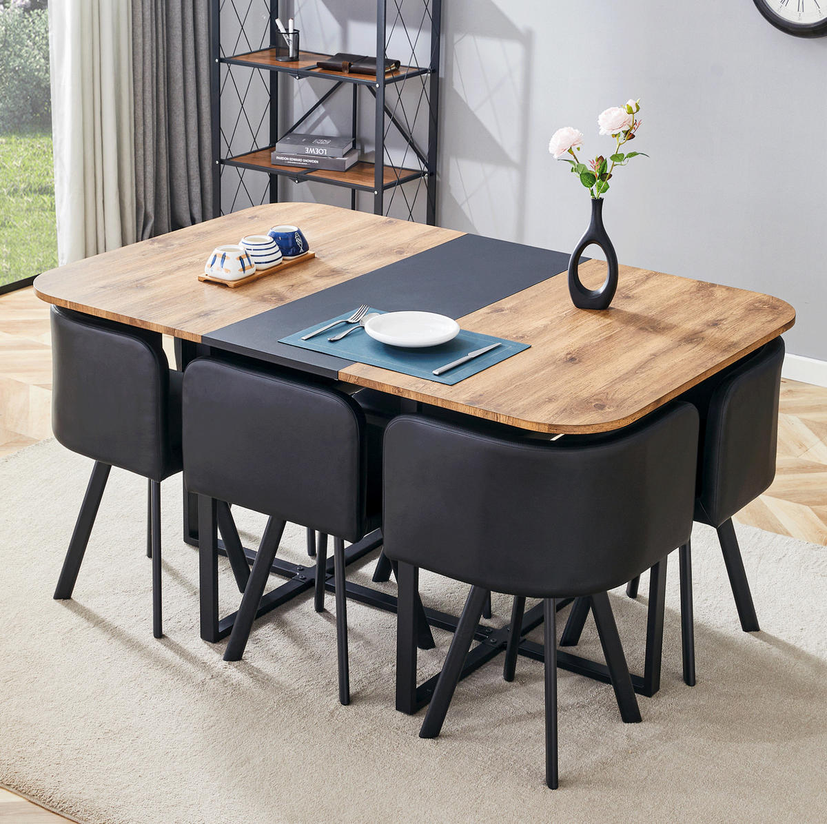 ESSTISCH-SET ausziehbar für 4-6 Personen MDF/Metall Schwarz/Natur 3-tlg. - Schwarz, Metall (100/79/150cm) - Meubliv