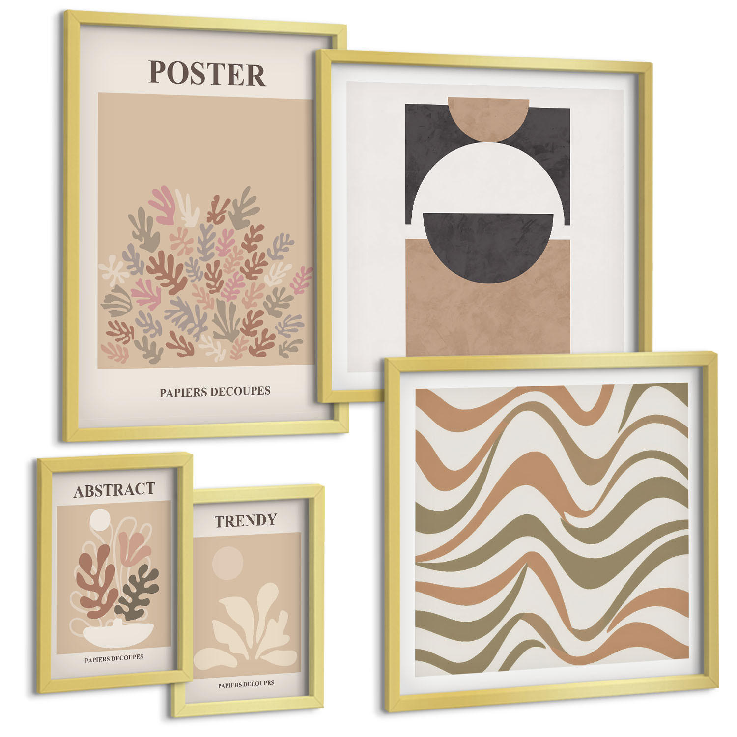 BILDER SET 5er Set - 50x50 cm & 20x30 cm & 40x60 cm Goldrahmen - Abstrakte Formenmuster - Goldfarben, Kunststoff (40/60cm) - TULUP