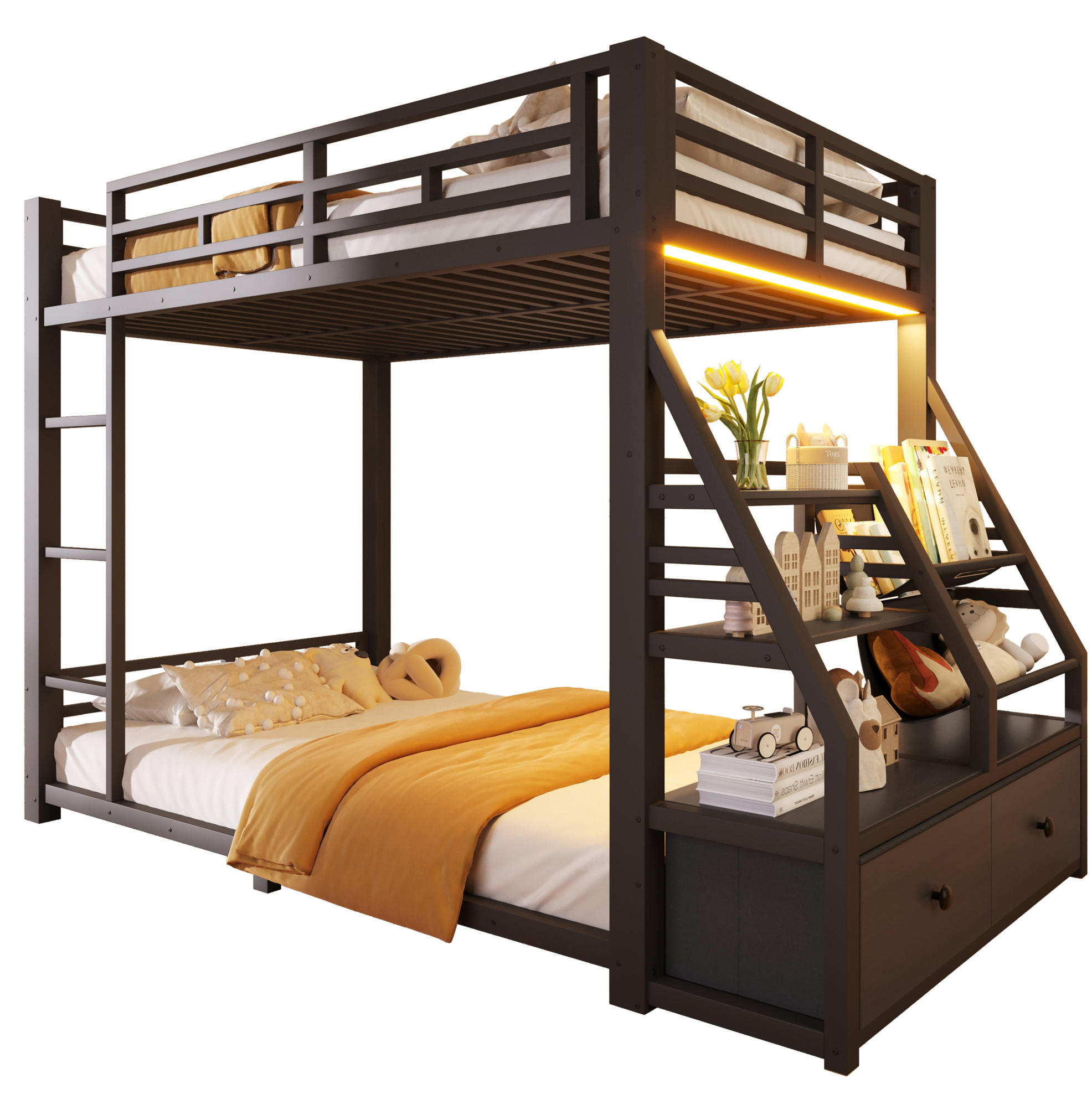 ETAGENBETT 90/200 cm aus Metall und Holz mit LED-Beleuchtung und 2 Stoffschubladen Schwarz - Schwarz, Holz (90/200cm) - Modenvie