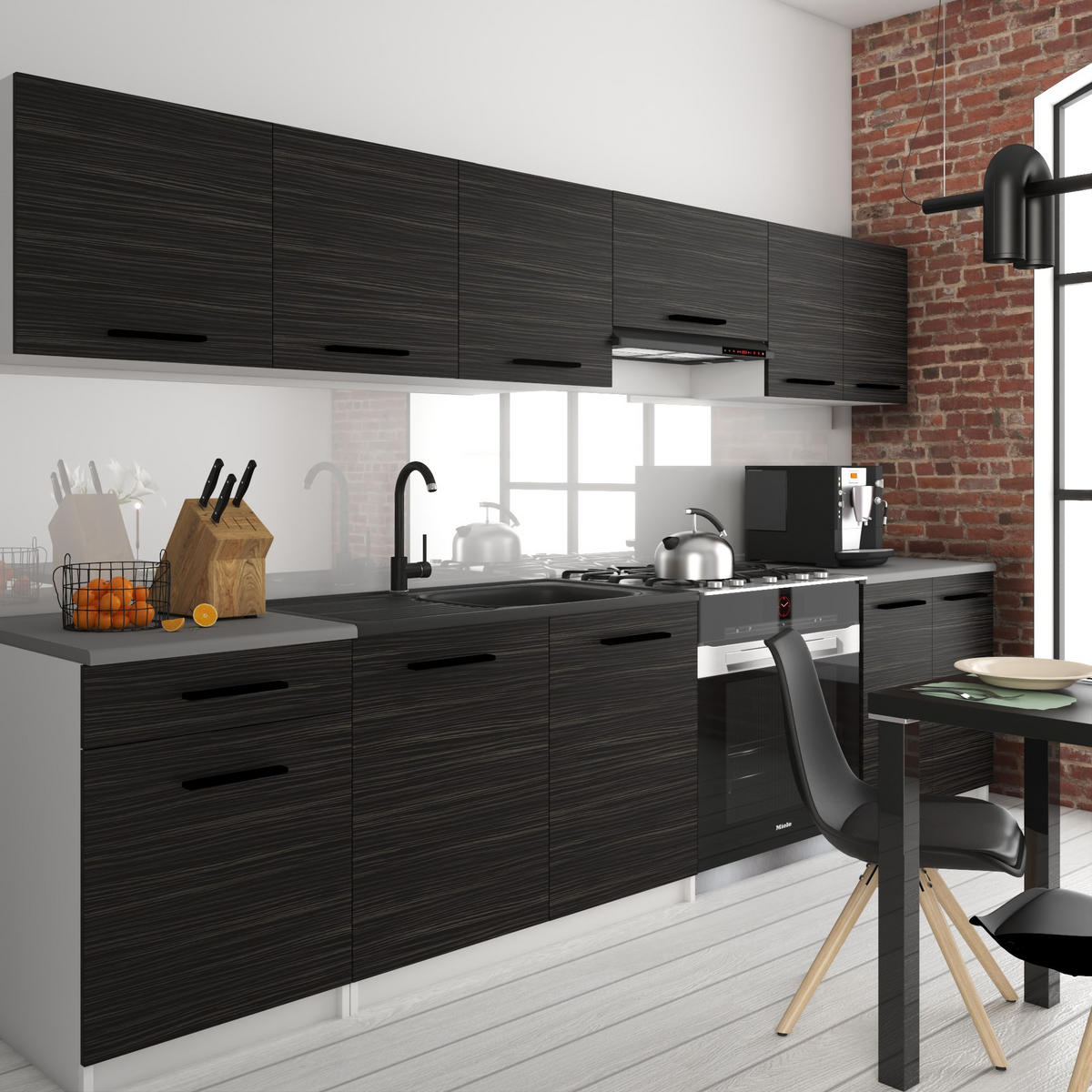 KÜCHENZEILE Italia 2 240 cm, mit Arbeitsplatten, Ebenholz - Schwarz, Holz (240/143/60cm) - B BELINI GROUP
