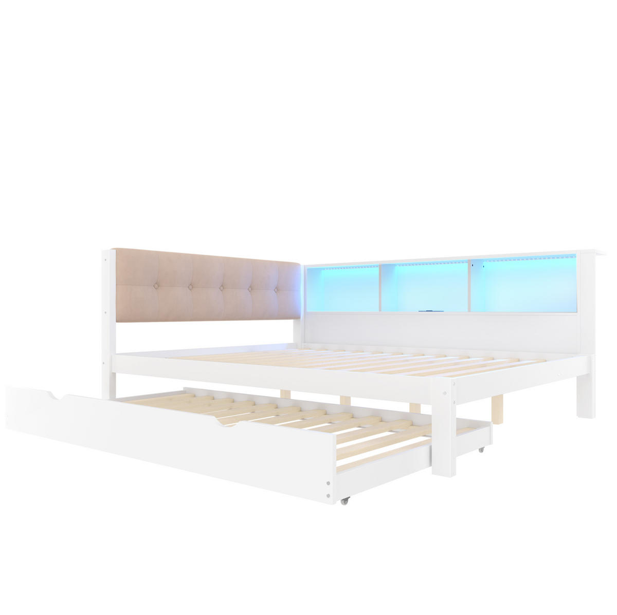KINDERBETT 140/200 cm in Weiß mit Rollbett, Regal und LED-Beleuchtung - Weiß, Holz (140/200cm) - BEAOK